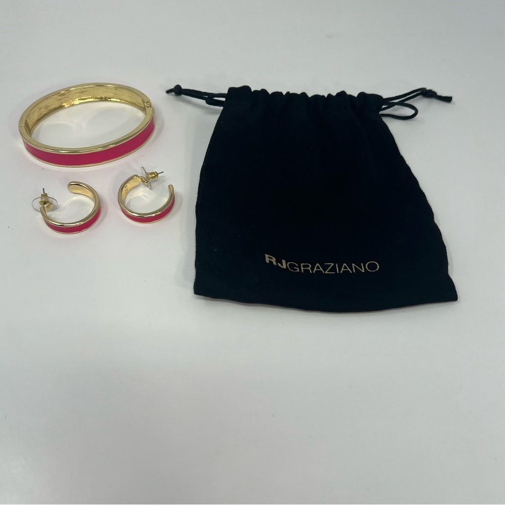 RJG Graziano Clamper Bangle Bracelet Gold tone Hot Pink Enamel Hinged & Earrings